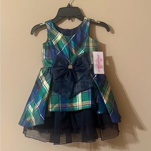 Bonnie Jean Green and Navy Plaid Metallic Accent Dress